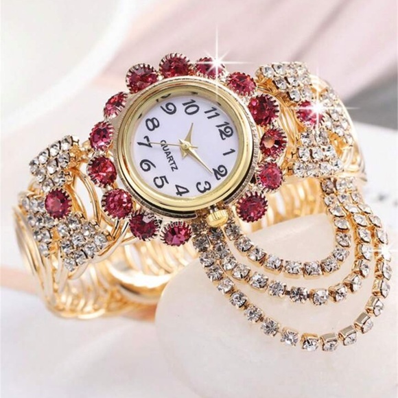 Accessories - 💎💖💎 LADIES PINK & CLEAR CRYSTAL RHINESTONE WATCH ON GOLD TONE CIRCULAR CUFF❗️